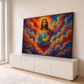Jesus Cristo segurando o globo terrestre entre nuvens em mosaico laranja, azul e roxo, quadro decorativo
