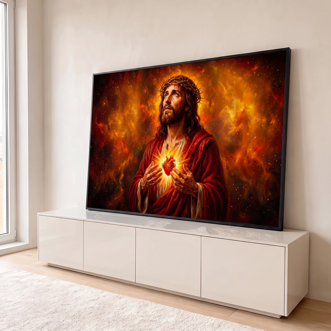 Quadro Decorativo Grande Jesus Cristo Chamas para Sala | quadros decorativos para sala | Jesus Cristo com coroa de espinhos e coração sagrado em chamas sobre fundo de fogo | em Quadros para Sala | Porao dos Quadros