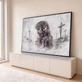 Quadro Decorativo Grande Jesus Cristo para Sala Cinza | quadros decorativos para sala | rosto de Jesus Cristo com coroa de espinhos em grafite com detalhes vermelhos | em Quadros para Sala | Porao dos Quadros