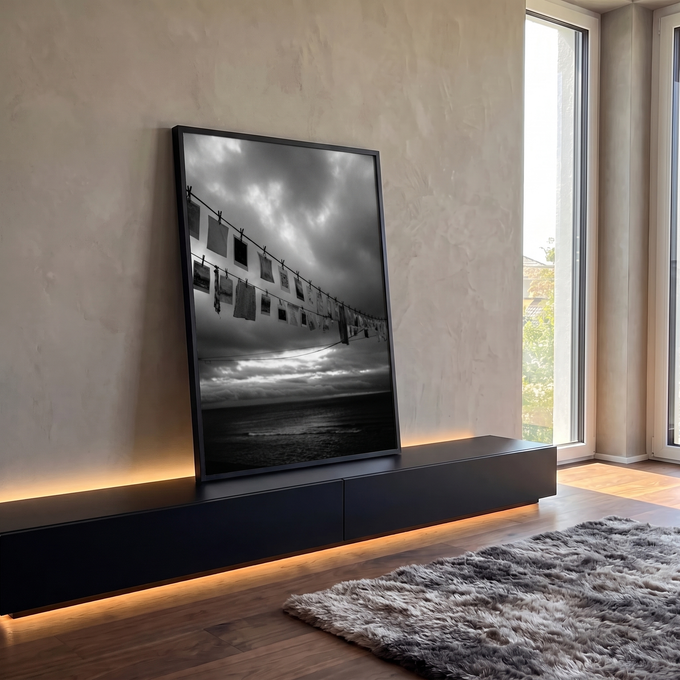 Varal com fotografias e pregadores sobre o mar sob céu nublado em preto e branco, quadro decorativo