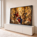 Virgem Maria coroada pela Santíssima Trindade entre anjos e nuvens douradas, quadro decorativo