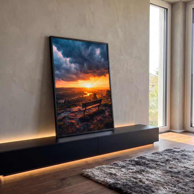 Banco de madeira em colina diante de rio sob pôr do sol laranja e nuvens escuras, quadro decorativo
