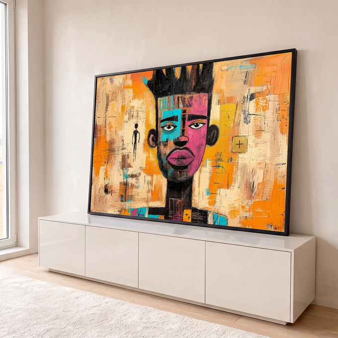 Quadro Decorativo Grande Rosto Dividido para Sala Laranja | quadros decorativos para sala | rosto estilizado dividido em azul e rosa com fundo laranja texturizado | em Quadros para Sala | Porao dos Quadros
