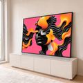 Quadro Decorativo Grande Rosto Abstrato Rosa para Sala | quadros decorativos para sala | rosto abstrato preto com cabelo em chamas laranja sobre fundo rosa vibrante | em Quadros para Sala | Porao dos Quadros