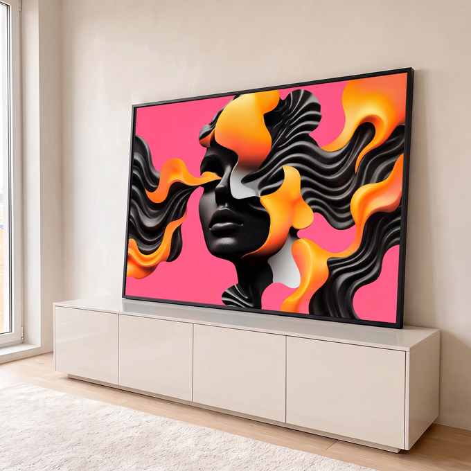 Quadro Decorativo Grande Rosto Abstrato Rosa para Sala | quadros decorativos para sala | rosto abstrato preto com cabelo em chamas laranja sobre fundo rosa vibrante | em Quadros para Sala | Porao dos Quadros