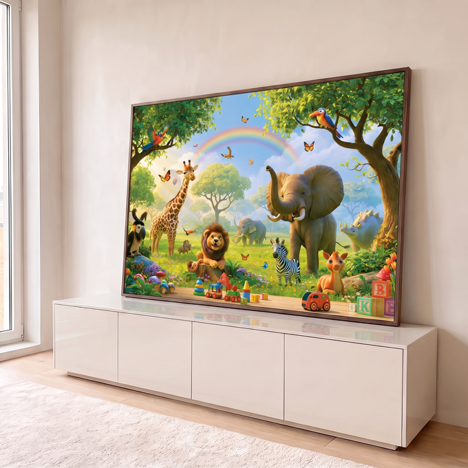 Safári infantil com leão, girafa, elefante, zebra, arco-íris, borboletas e brinquedos, quadro decorativo