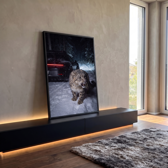 Leopardo das neves rosnando na neve à noite com carro esportivo preto ao fundo, quadro decorativo