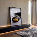 Quadro Decorativo Grande Esportivo e Amarelo para Sala Cinza | quadros decorativos para sala | carro esportivo cinza fosco com faixa amarela e aerofólio em garagem iluminada | em Quadros para Sala | Porao dos Quadros