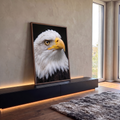 Águia-de-cabeça-branca em close, penas brancas, olho âmbar e bico amarelo, quadro decorativo