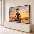 Quadro Decorativo Grande Figura de Madeira Marrom para Sala | quadros decorativos para sala | figura humanoide de tronco em meditação com pomba branca no peito ao pôr do sol | em Quadros para Sala | Porao dos Quadros