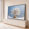 Árvore bonsai de tronco dourado com flores brancas de cerejeira sobre fundo azul claro, quadro decorativo