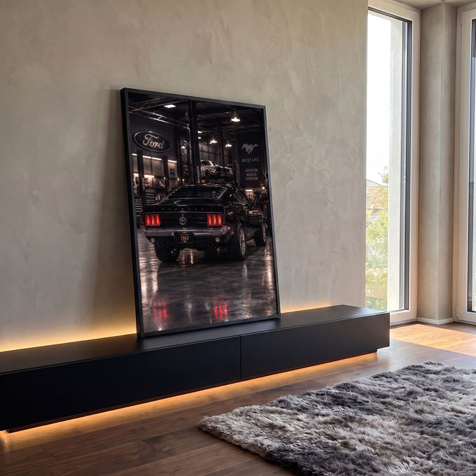 Quadro Decorativo Grande Carro Clássico para Sala Preto | quadros decorativos para sala | carro clássico preto visto de trás com luzes traseiras vermelhas acesas em garagem industrial | em Quadros para Sala | Porao dos Quadros