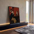 Quadro Decorativo Casal Conversando no Bar em Vermelho | quadros decorativos para sala | homem idoso fumando e mulher pensativa num balcão de bar vermelho | em Quadros para Sala | Porao dos Quadros