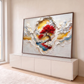 Bonsai de folhas vermelhas sobre lago azul entre nuvens em relevo e filetes dourados, quadro decorativo