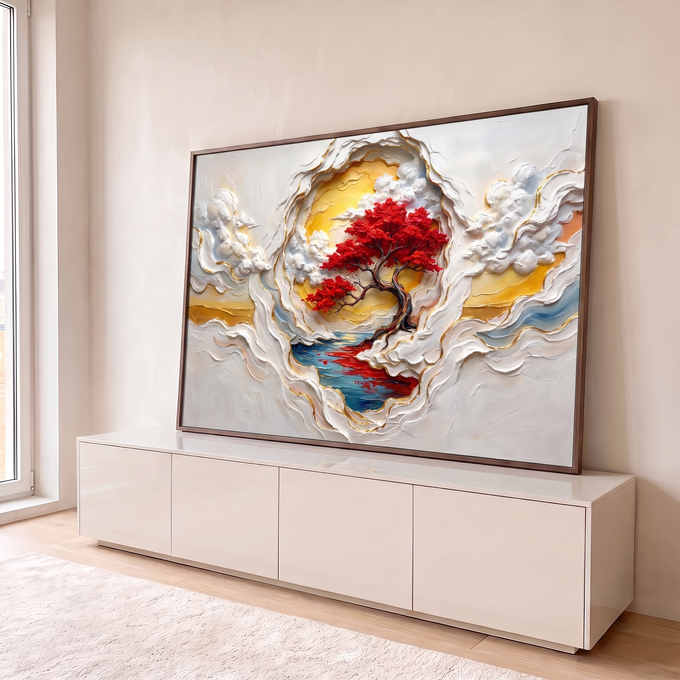 Bonsai de folhas vermelhas sobre lago azul entre nuvens em relevo e filetes dourados, quadro decorativo