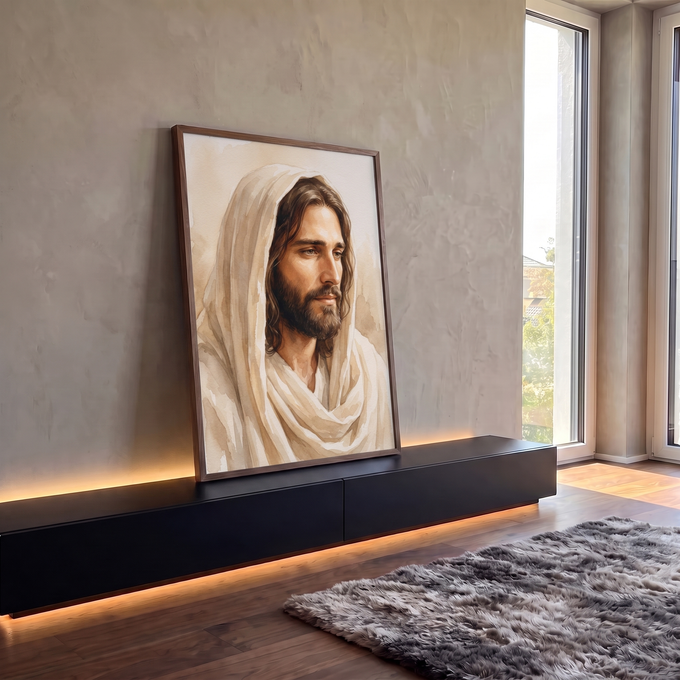 Quadro Decorativo Grande Rosto de Jesus Aquarela para Sala | quadros decorativos para sala | retrato em aquarela de Jesus Cristo com manto branco e olhar sereno | em Quadros para Sala | Porao dos Quadros