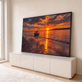 Quadro Decorativo Grande Veleiro Mar para Sala | quadros decorativos para sala | veleiro branco ancorado em mar calmo durante pôr do sol laranja intenso | em Quadros para Sala | Porao dos Quadros