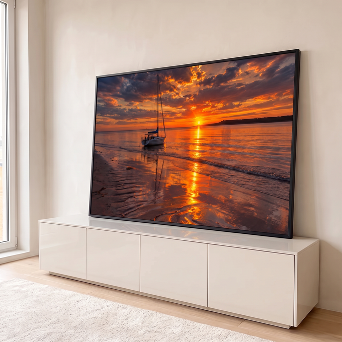 Quadro Decorativo Grande Veleiro Mar para Sala | quadros decorativos para sala | veleiro branco ancorado em mar calmo durante pôr do sol laranja intenso | em Quadros para Sala | Porao dos Quadros
