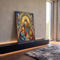 Quadro Decorativo Grande Jesus Mosaico para Sala Dourado | quadros decorativos para sala | Jesus Cristo em mosaico dourado com anjos orando e pombos brancos ao redor | em Quadros para Sala | Porao dos Quadros