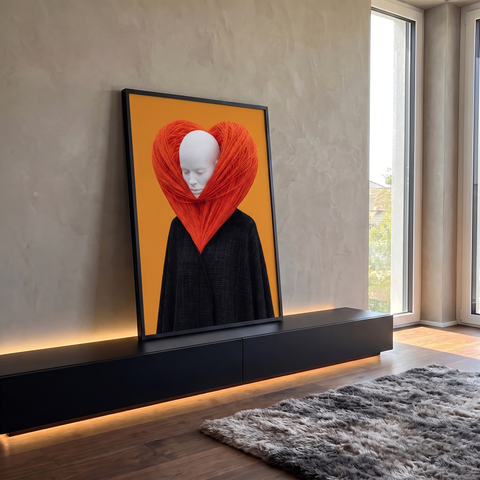 Rosto branco de olhos fechados envolto em coração de lã laranja sobre capa preta, quadro decorativo