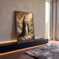 Quadro Decorativo Grande Nossa Senhora Auréola para Sala | quadros decorativos para sala | Nossa Senhora de manto azul estrelado em oração sobre nuvens douradas | em Quadros para Sala | Porao dos Quadros