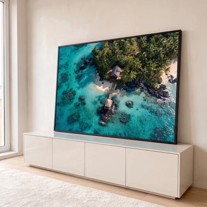 Quadro Decorativo Grande Vista Aérea de Ilha para Sala Azul | quadros decorativos para sala | vista aérea de ilha tropical com cabana de palha, píer de madeira e mar turquesa | em Quadros para Sala | Porao dos Quadros