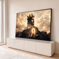 Quadro Decorativo Grande Jesus Coroa Dourada para Sala | quadros decorativos para sala | rosto de Jesus com coroa de espinhos e dourada sobre montanha com três cruzes e túmulo iluminado | em Quadros para Sala | Porao dos Quadros