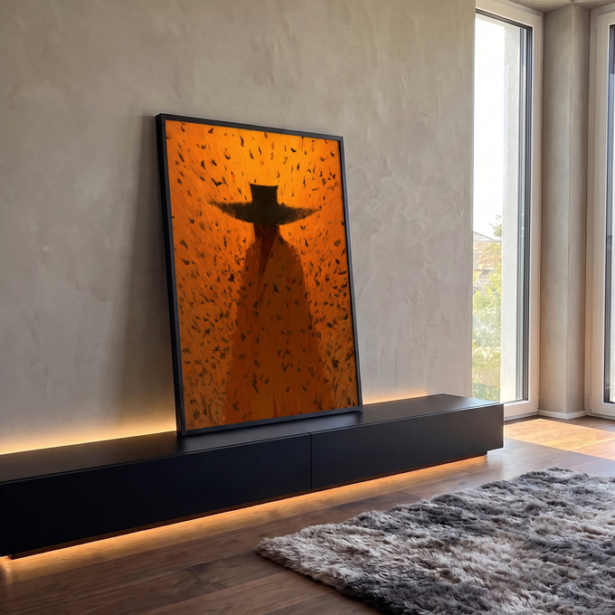 Quadro Decorativo Grande Figura com Chapéu para Sala Laranja | quadros decorativos para sala | silhueta com chapéu largo e manto sobre fundo laranja com folhas pretas flutuando | em Quadros para Sala | Porao dos Quadros