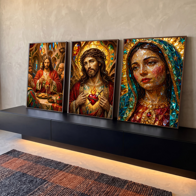 Quadro Decorativo Kit 3 Telas Jesus Cristo para Sala Dourado | quadros decorativos para sala | tríptico sacro em mosaico com Última Ceia, Sagrado Coração e Nossa Senhora | em Quadros para Sala | Porao dos Quadros