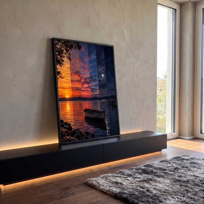 Pôr do sol se transformando em noite estrelada com lua cheia sobre lago e barco de madeira, quadro decorativo