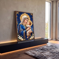 Quadro Decorativo Grande Nossa Senhora com Menino para Sala | quadros decorativos para sala | Nossa Senhora de manto azul segurando o Menino Jesus com auréolas douradas em fundo estrelado | em Quadros para Sala | Porao dos Quadros