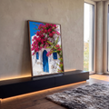 Quadro Decorativo Grande Casa para Sala Rosa | quadros decorativos para sala | casa branca com porta azul coberta por flores rosa-magenta de bougainville | em Quadros para Sala | Porao dos Quadros