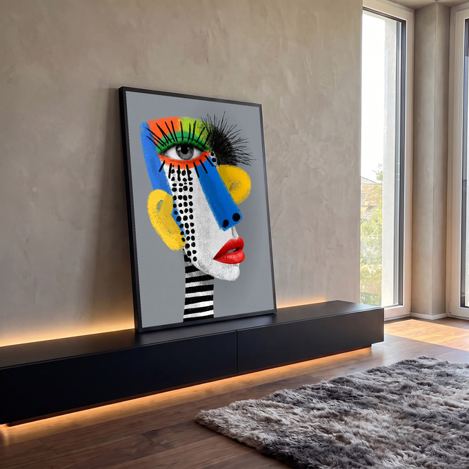 Quadro Decorativo Grande Rosto Pop Art para Sala Azul | quadros decorativos para sala | rosto de perfil em pop art com olho realista e cores vibrantes em blocos | em Quadros para Sala | Porao dos Quadros