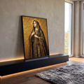 Quadro Decorativo Grande Nossa Senhora Véu Bordado para Sala | quadros decorativos para sala | Nossa Senhora com véu bordado dourado e terço, fundo em mosaico dourado | em Quadros para Sala | Porao dos Quadros