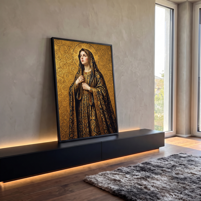 Quadro Decorativo Grande Nossa Senhora Véu Bordado para Sala | quadros decorativos para sala | Nossa Senhora com véu bordado dourado e terço, fundo em mosaico dourado | em Quadros para Sala | Porao dos Quadros