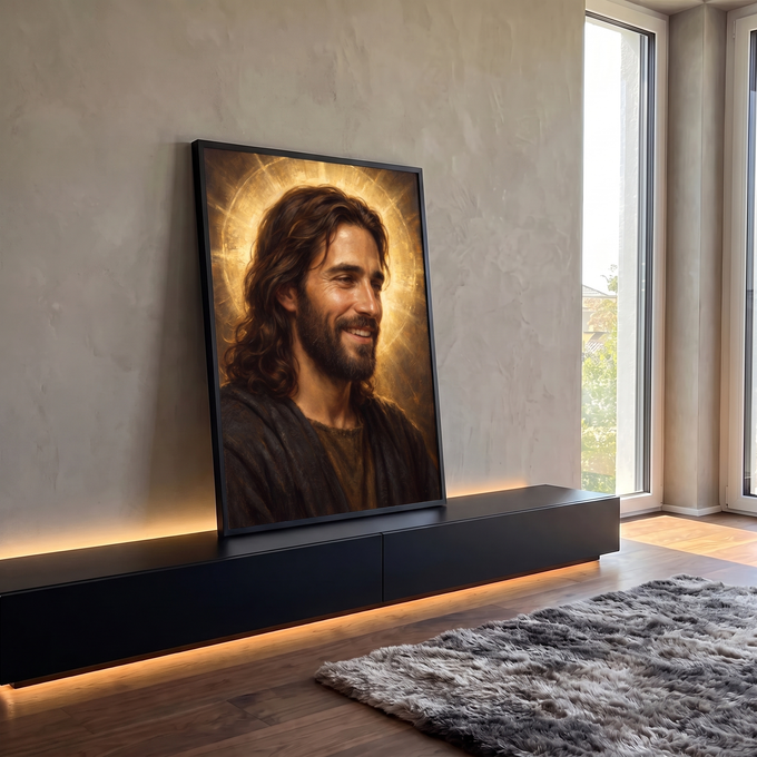 Quadro Decorativo Grande Jesus Sorridente para Sala Dourado | quadros decorativos para sala | retrato de Jesus sorrindo com halo dourado e manto escuro em pintura clássica | Porao dos Quadros