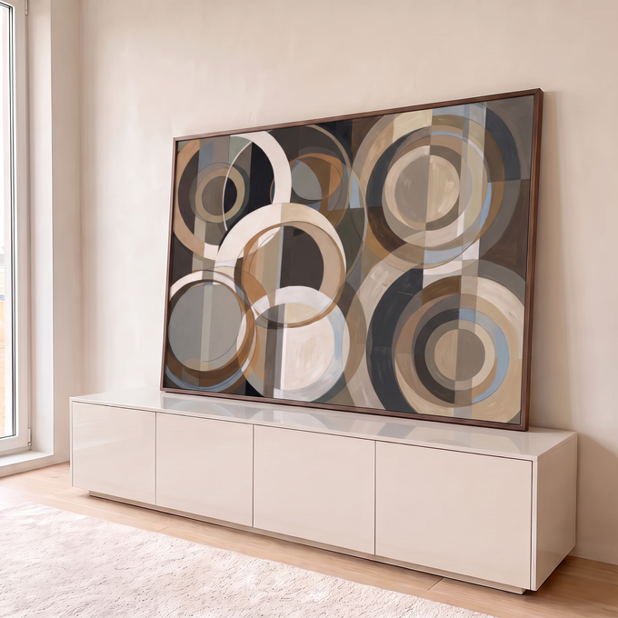 Quadro Decorativo Grande Círculos Geométricos para Sala Bege | quadros decorativos para sala | círculos concêntricos sobrepostos em tons bege, marrom e cinza sobre fundo listrado | em Quadros para Sala | Porao dos Quadros