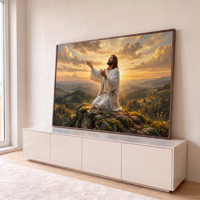 Jesus de túnica branca ajoelhado orando na rocha, céu dourado ao pôr do sol, quadro decorativo
