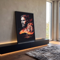Quadro Decorativo Grande Jesus e Leão de Judá Cruz para Sala | quadros decorativos para sala | retrato de Jesus barbudo ao lado da cabeça de um leão com cruz e pôr do sol laranja | em Quadros para Sala | Porao dos Quadros