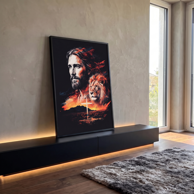 Quadro Decorativo Grande Jesus e Leão de Judá Cruz para Sala | quadros decorativos para sala | retrato de Jesus barbudo ao lado da cabeça de um leão com cruz e pôr do sol laranja | em Quadros para Sala | Porao dos Quadros