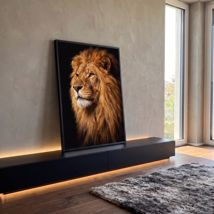 Quadro Decorativo Grande Leão Retrato Juba para Sala Dourado | quadros decorativos para sala | leão com juba dourada volumosa e olhos âmbar sobre fundo preto | em Quadros para Sala | Porao dos Quadros