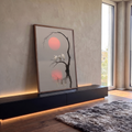 Quadro Decorativo Grande Garças Brancas para Sala Rosa | quadros decorativos para sala | três garças brancas em galho seco com sol rosado refletido na água enevoada | em Quadros para Sala | Porao dos Quadros