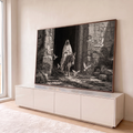 Jesus montado em jumento sob portão de pedra, com pombas brancas e folhas de palmeira, quadro decorativo