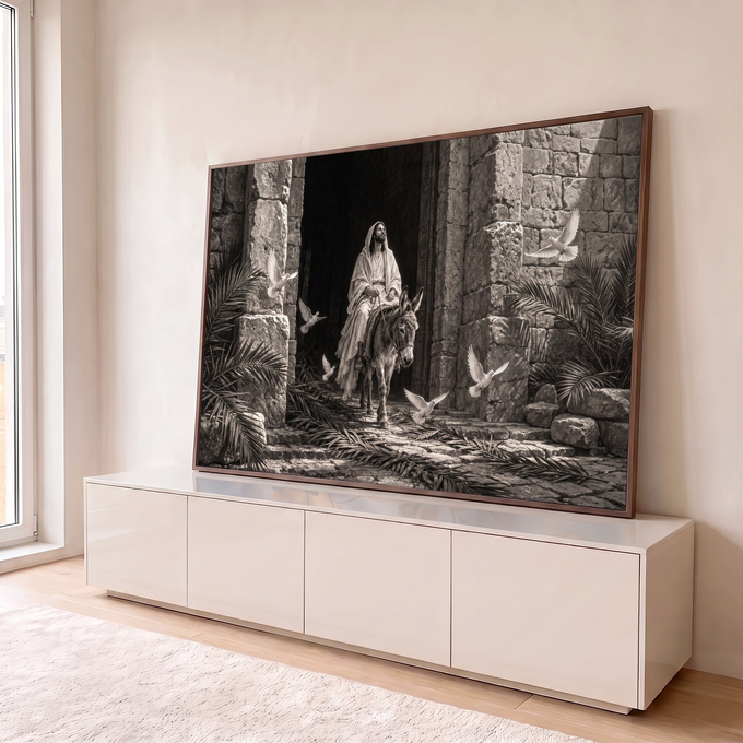 Jesus montado em jumento sob portão de pedra, com pombas brancas e folhas de palmeira, quadro decorativo