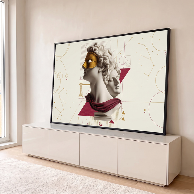 Busto grego de Apolo com máscara dourada, manto vinho, coluna e constelações em fundo bege, quadro decorativo