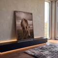 Quadro Decorativo Grande Cavalo Pastando para Sala Marrom | quadros decorativos para sala | cavalo castanho com crina clara pastando em campo sob céu nublado rosado | Porao dos Quadros