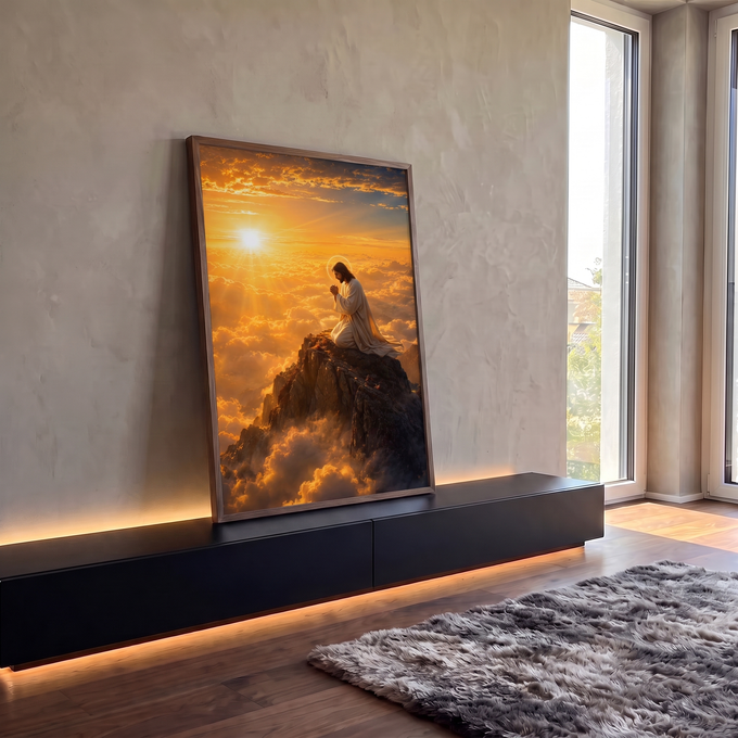 Quadro Decorativo Grande Jesus em Oração Dourado para Sala | quadros decorativos para sala | Jesus ajoelhado em oração no topo de uma montanha sobre mar de nuvens douradas | em Quadros para Sala | Porao dos Quadros