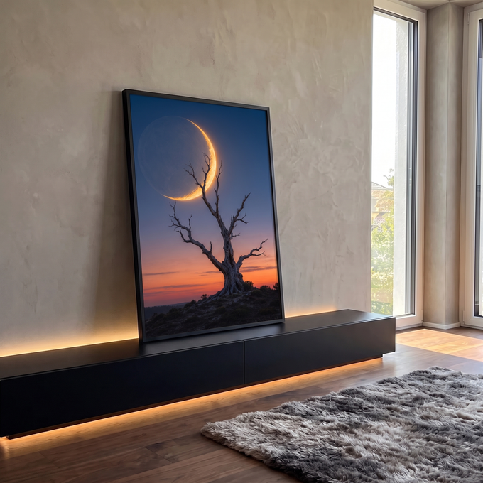 Árvore seca retorcida sob lua crescente dourada em céu azul e laranja do entardecer, quadro decorativo