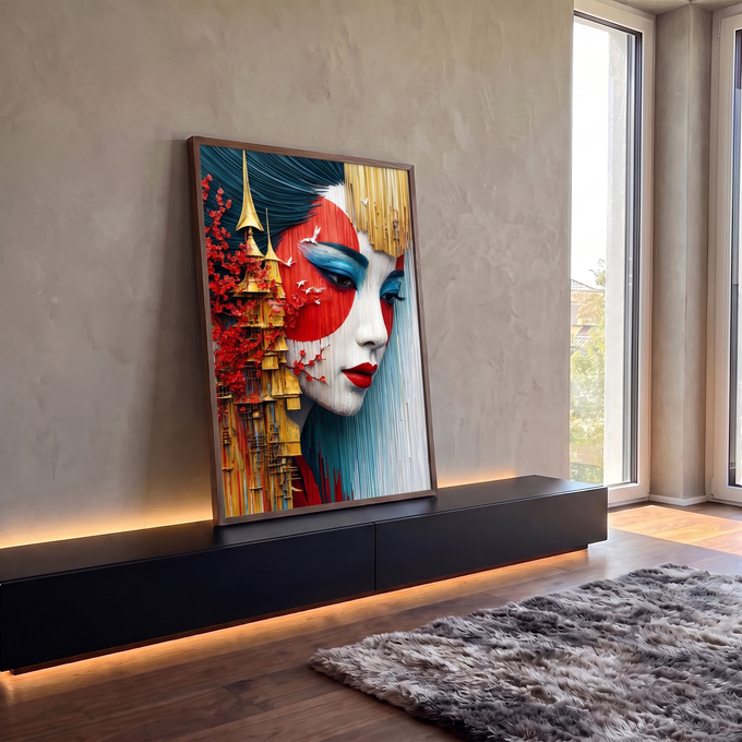 Rosto de gueixa com sol vermelho, pagode dourado, cerejeira e pássaros brancos, quadro decorativo