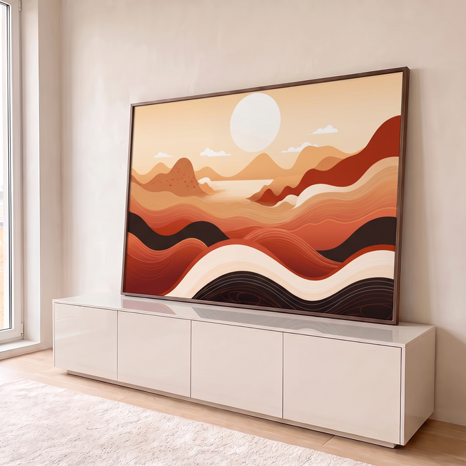 Quadro Decorativo Grande Paisagem Abstrata Laranja para Sala | quadros decorativos para sala | paisagem abstrata com sol branco, montanhas e ondas em tons terracota e preto | em Quadros para Sala | Porao dos Quadros